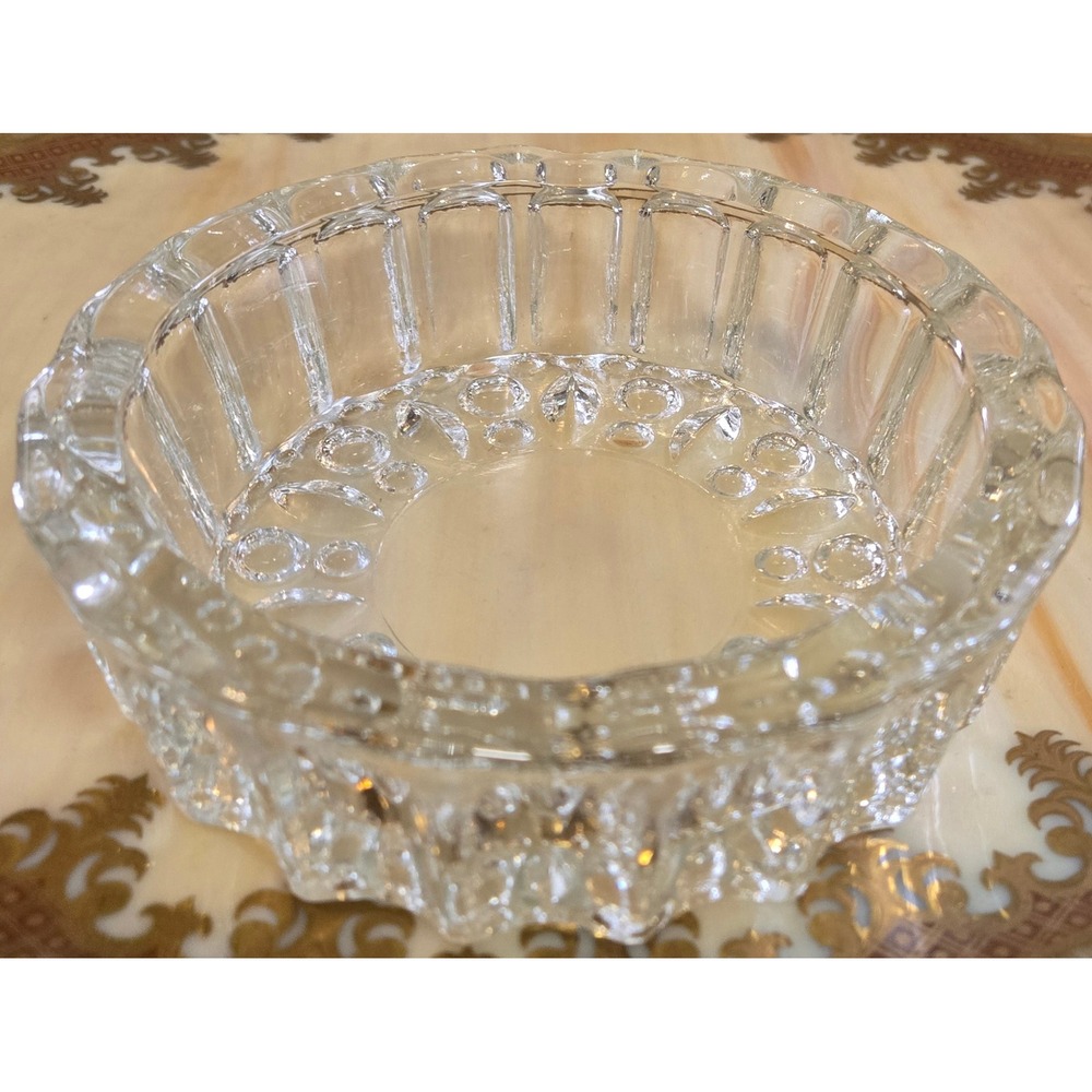 Vintage KIG Indonesia Clear Pressed Glass Ashtray Scalloped Textured Round 5in